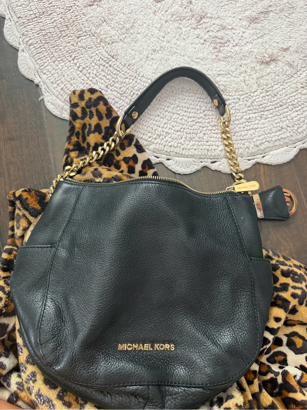 Michael Kors Black Leather Shoulder Bag with Gold Hardware